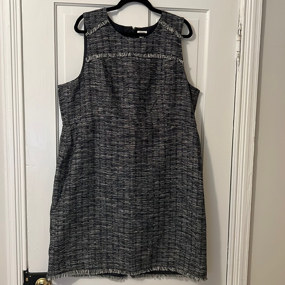 J.Crew Factory Navy & White Tweed Dress with Raw Hem and Bronze Threading